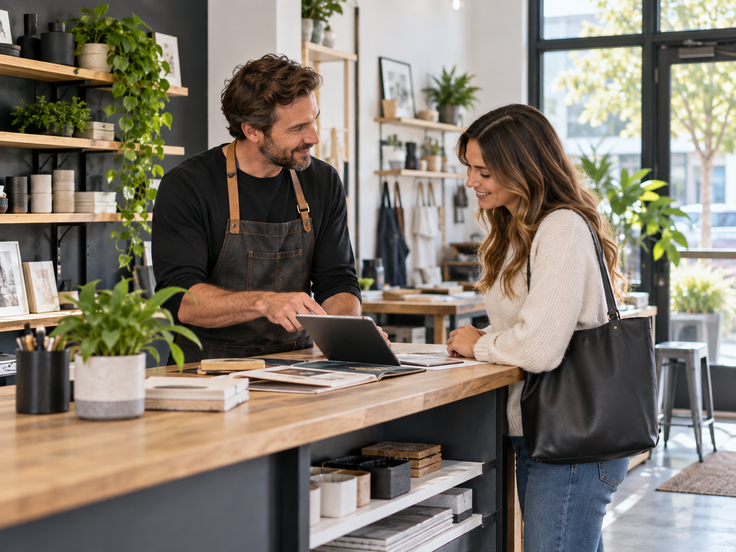 Local service business owner helping a customer
